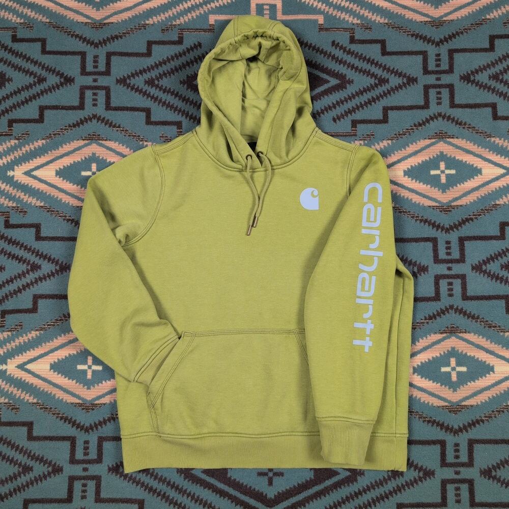 Women's Large (12-14) Carhartt Relaxed Fit Midweight Sleeve Logo Hoodie Green - Picture 3 of 5